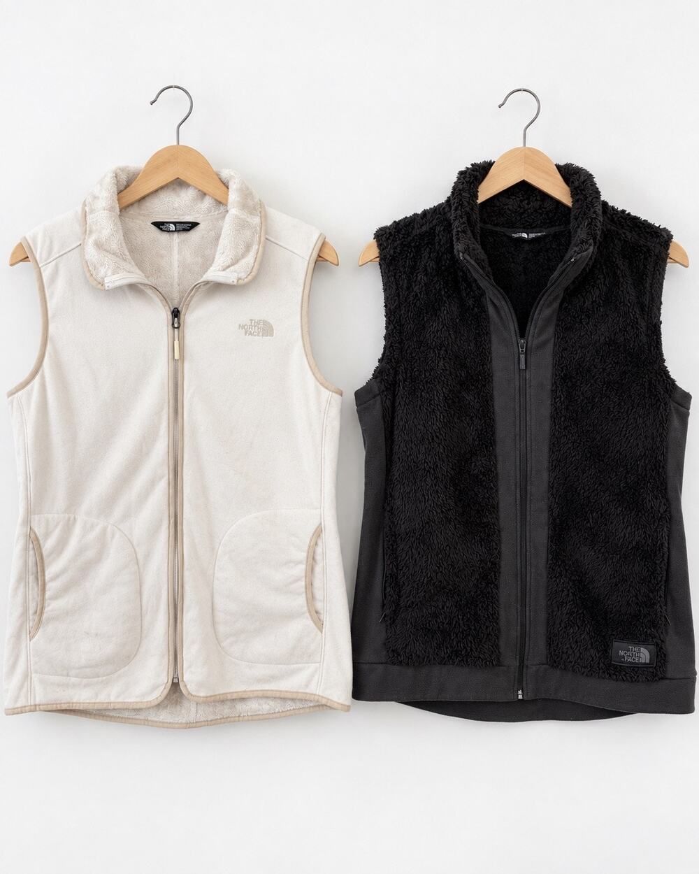 2 The North Face Womens Size XL Fleece Vests Cream Black Sherpa Full Zip Bundle